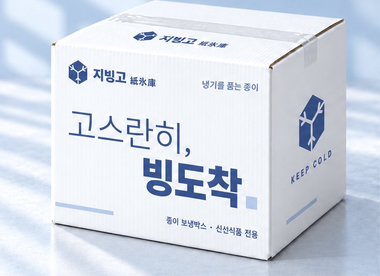 흰 종이 보냉박스 정면에 인디고색으로 ‘고스란히, 빙도착.’과 지빙고 로고가 인쇄된 모습